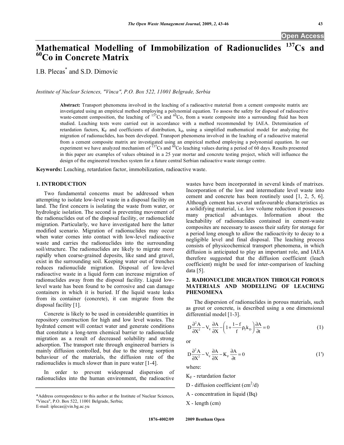 First page of Mathematical Modelling of Immobilization of Radionuclides 137Cs and 60Co in Concrete Matrix