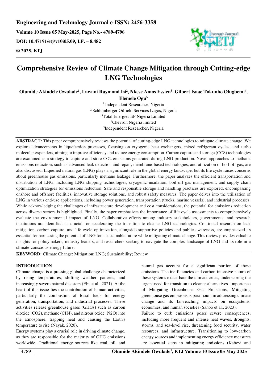 First page of Comprehensive Review of Climate Change Mitigation through Cutting-edge  LNG Technologies 
