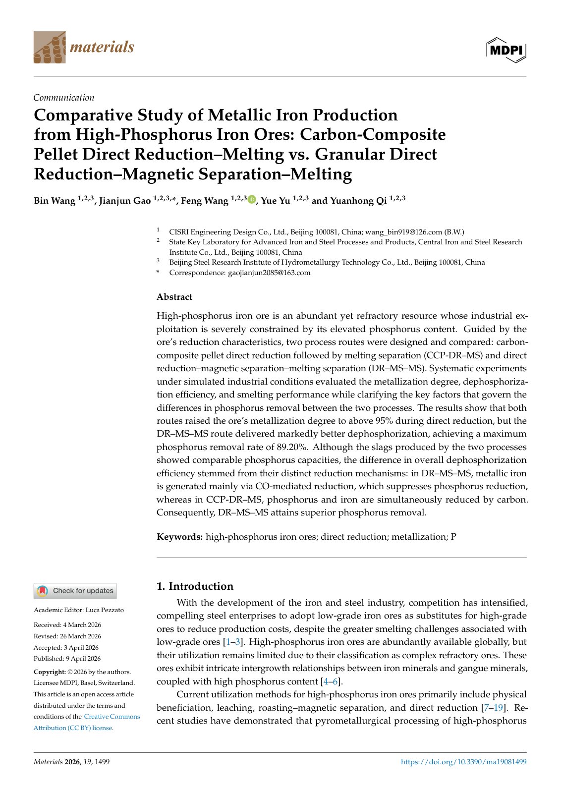 First page of Comparative Study of Metallic Iron Production from High-Phosphorus Iron Ores: Carbon-Composite Pellet Direct Reduction–Melting vs. Granular Direct Reduction–Magnetic Separation–Melting