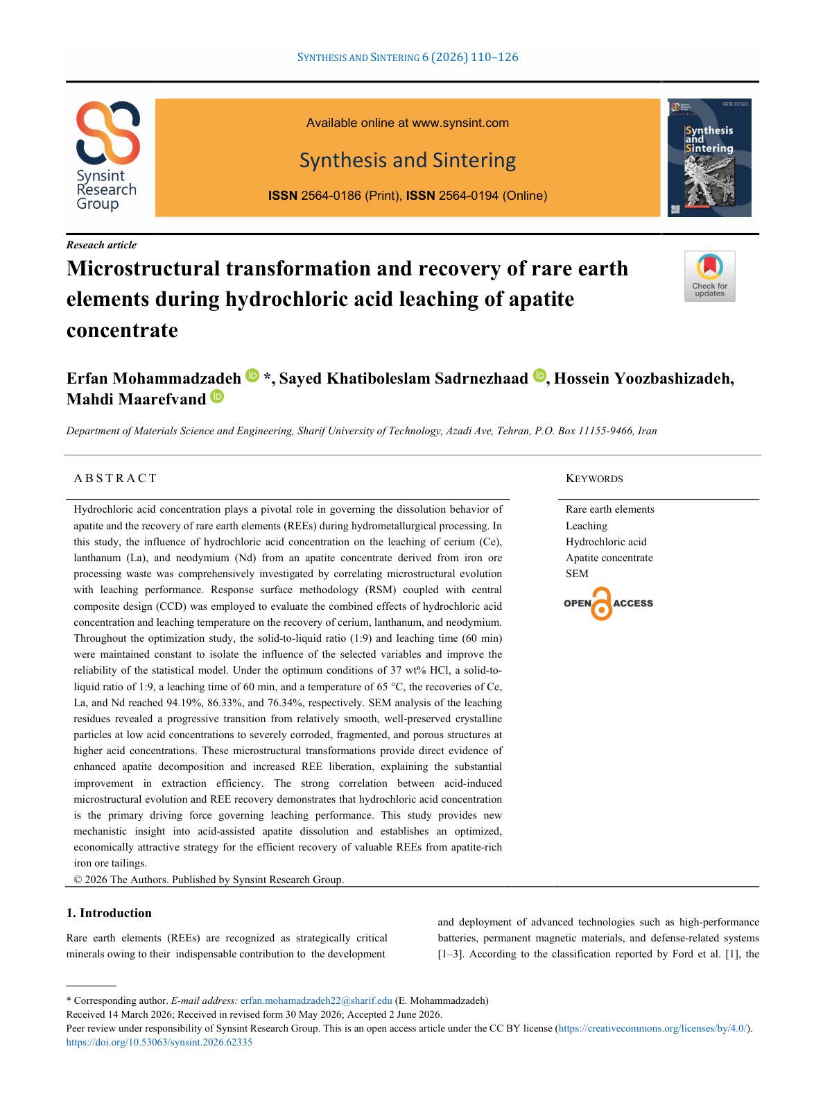 First page of 2026   Mohammadzadeh   Hydrochloric acid leaching of apatite concentrate