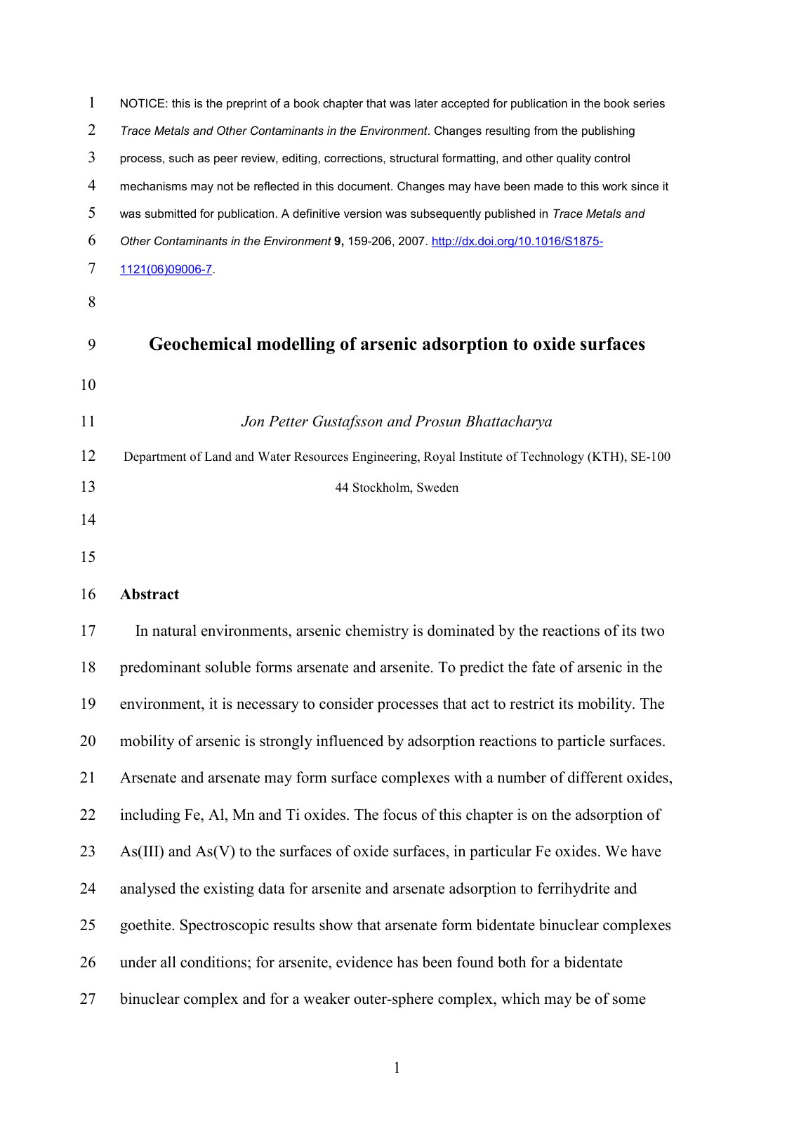 First page of Geochemical modelling of arsenic adsorpt