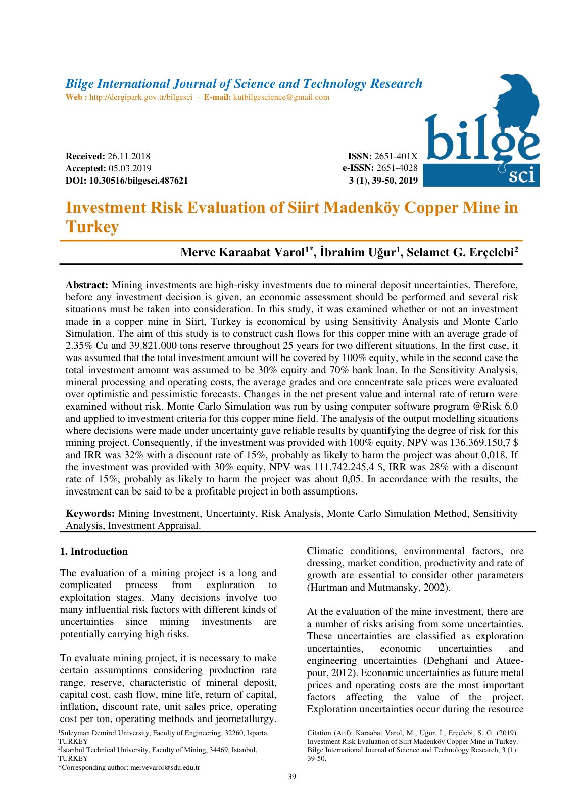 First page of Investment Risk Evaluation of Siirt Made