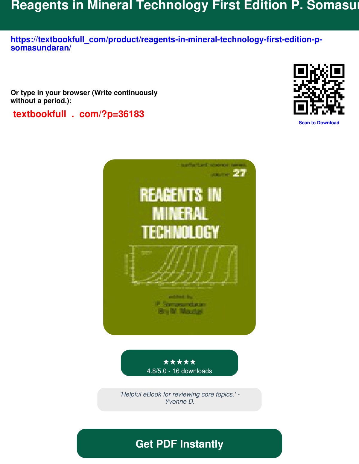 First page of 1013686983 Reagents in Mineral Technology First Edition P Somasundaran eBook limited digital edition