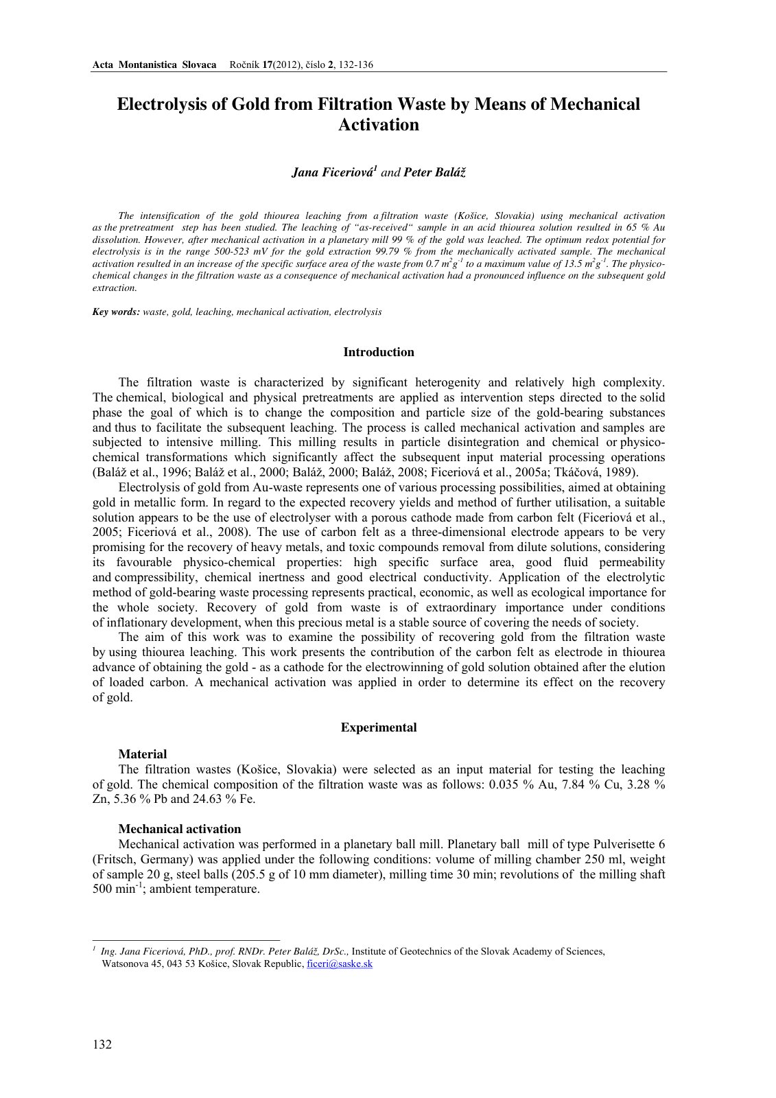 First page of Electrolysis of Gold from Filtration Waste by Means of Mechanical Activation