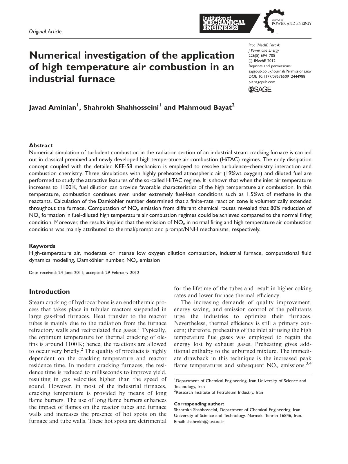 First page of Numerical investigation of the application of high temperature air combustion in an industrial furnace