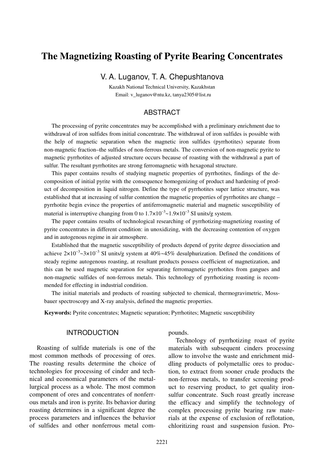 First page of The Magnetizing Roasting of Pyrite Bearing Concentrates