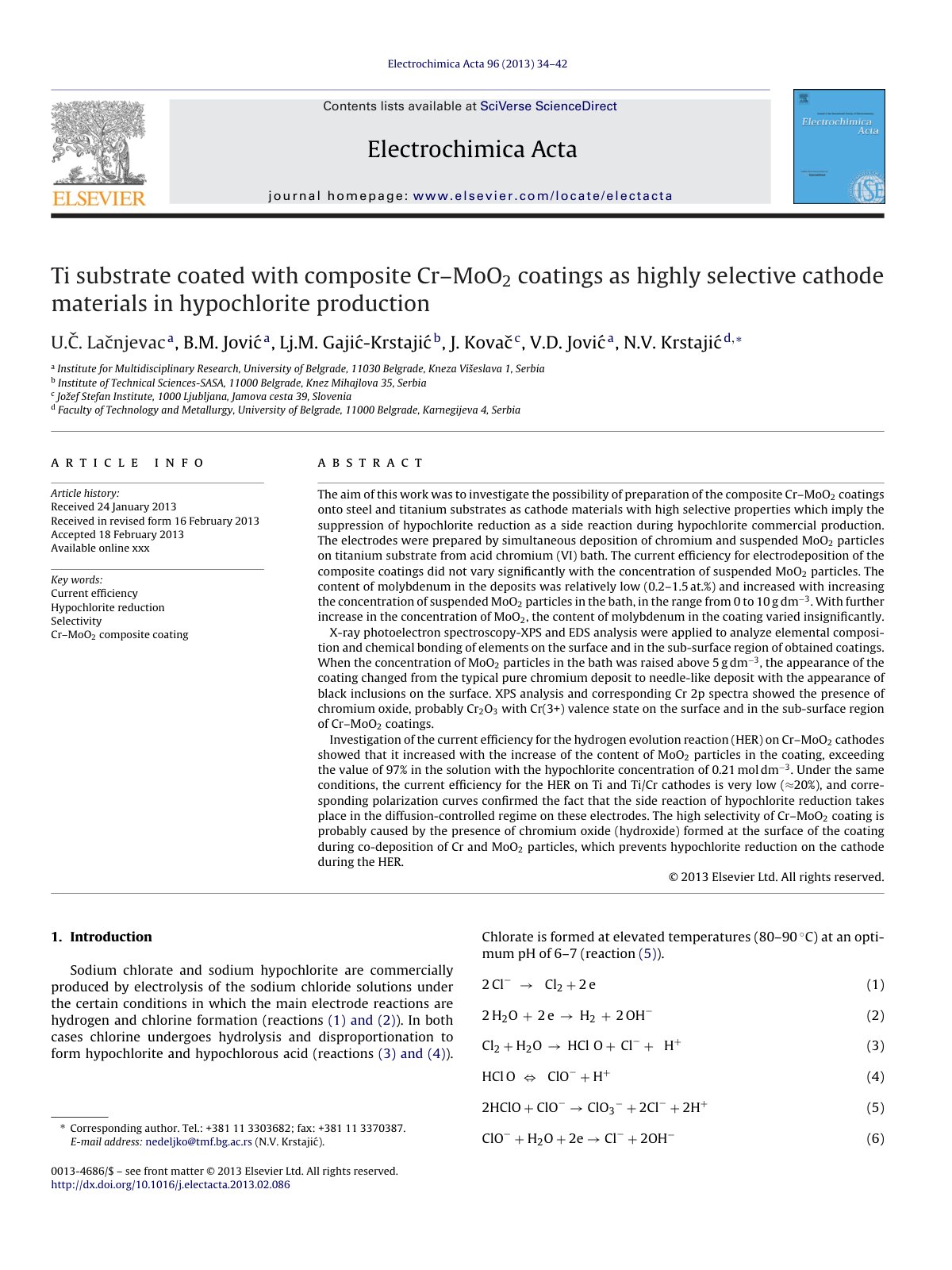 First page of Ti substrate coated with composite Cr–MoO2 coatings as highly selective cathode materials in hypochlorite production