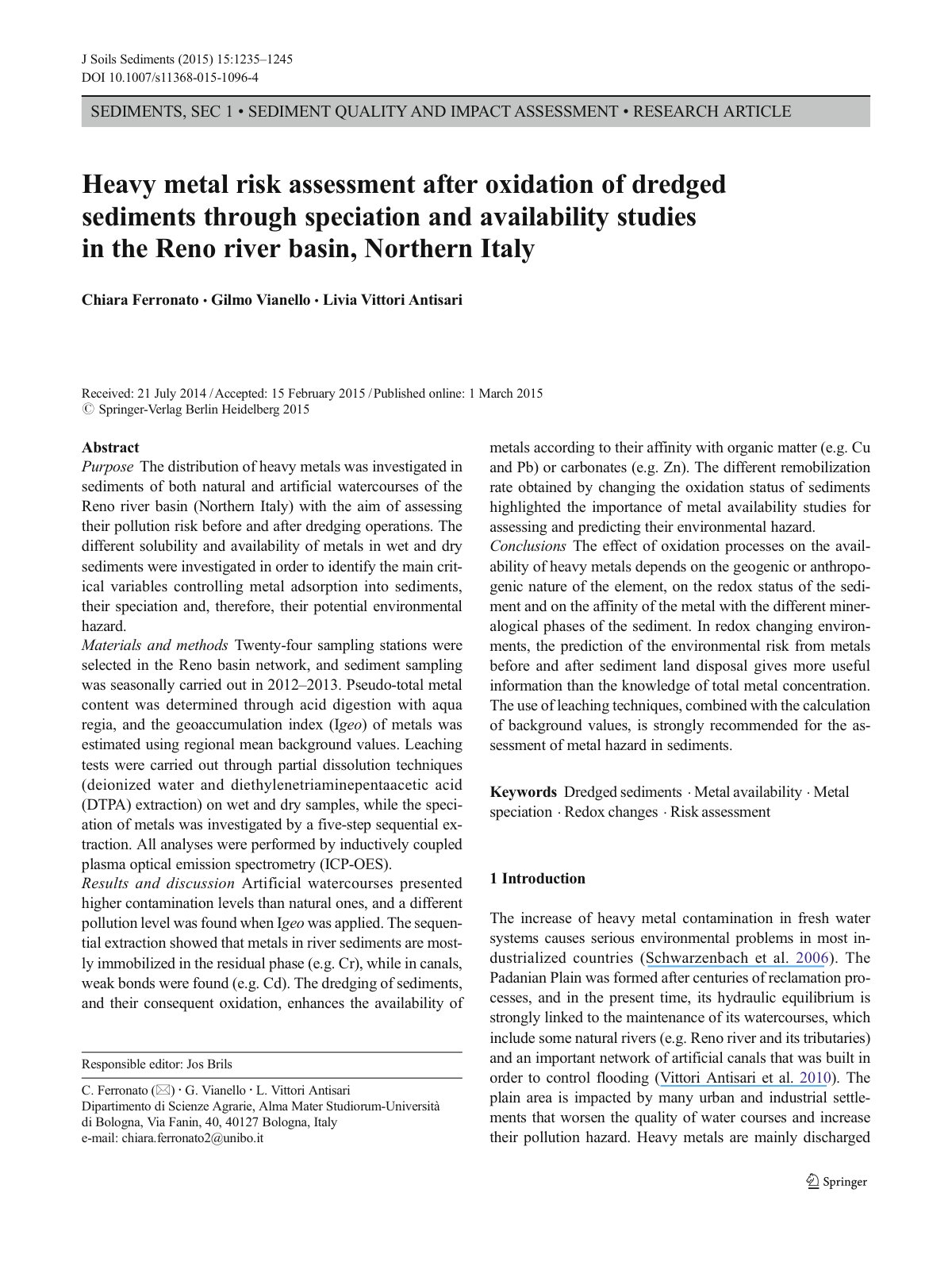 First page of Heavy metal risk assessment after oxidat