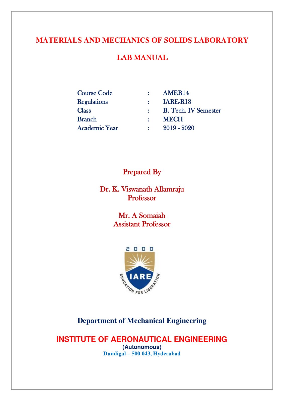 First page of MATERIALS AND MECHANICS OF SOLIDS LABORATORY