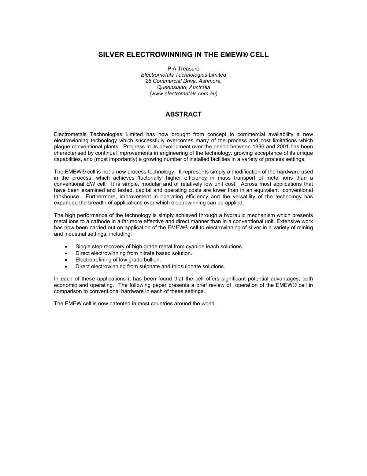 First page of tech paper electrowinning silver