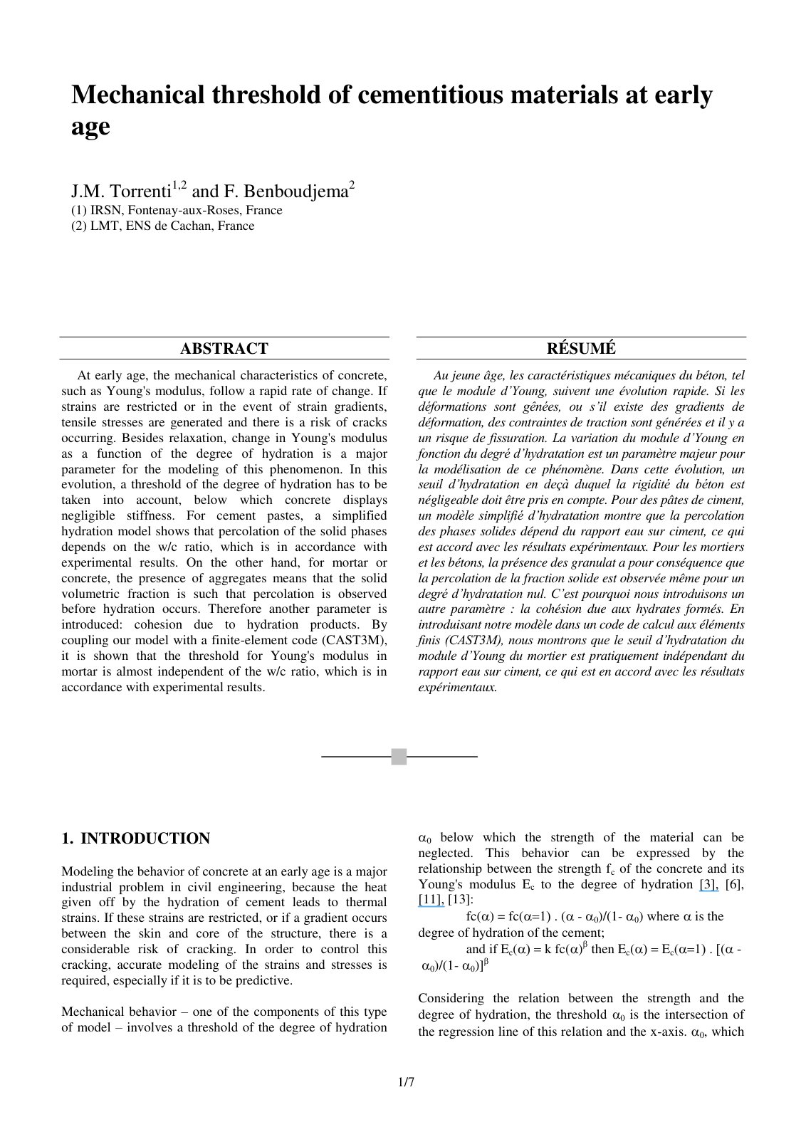 First page of Mechanical threshold of cementitious mat