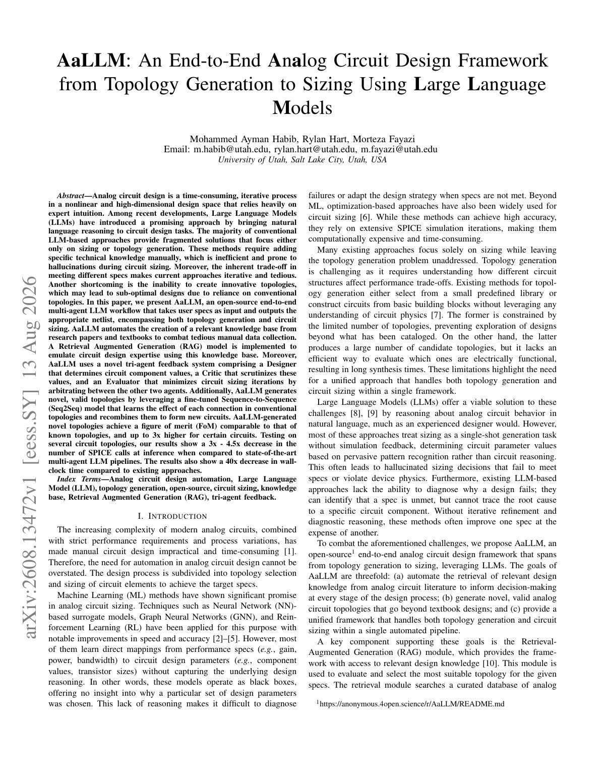 First page of AaLLM: An End-to-EndAnalog Circuit Design Framework from Topology Generation to Sizing UsingLargeLanguage Models
