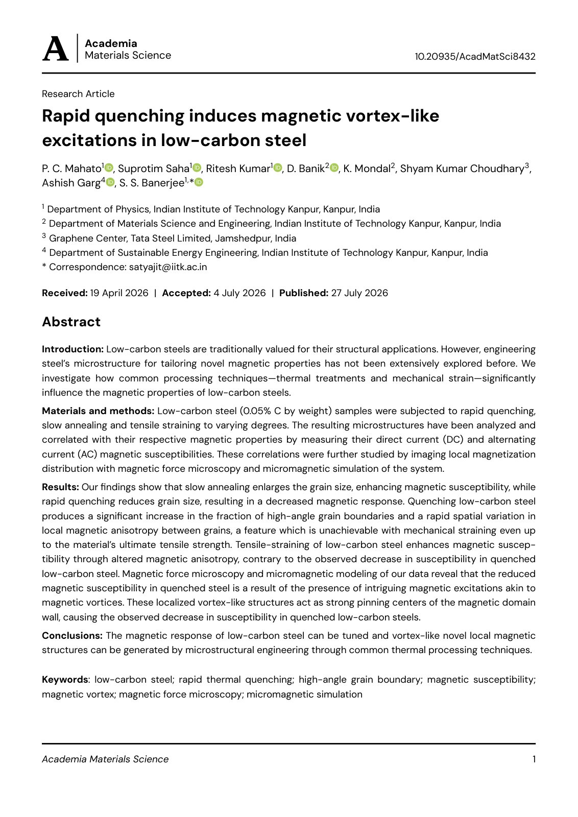 First page of Rapid quenching induces magnetic vortex-like excitations in low-carbon steel