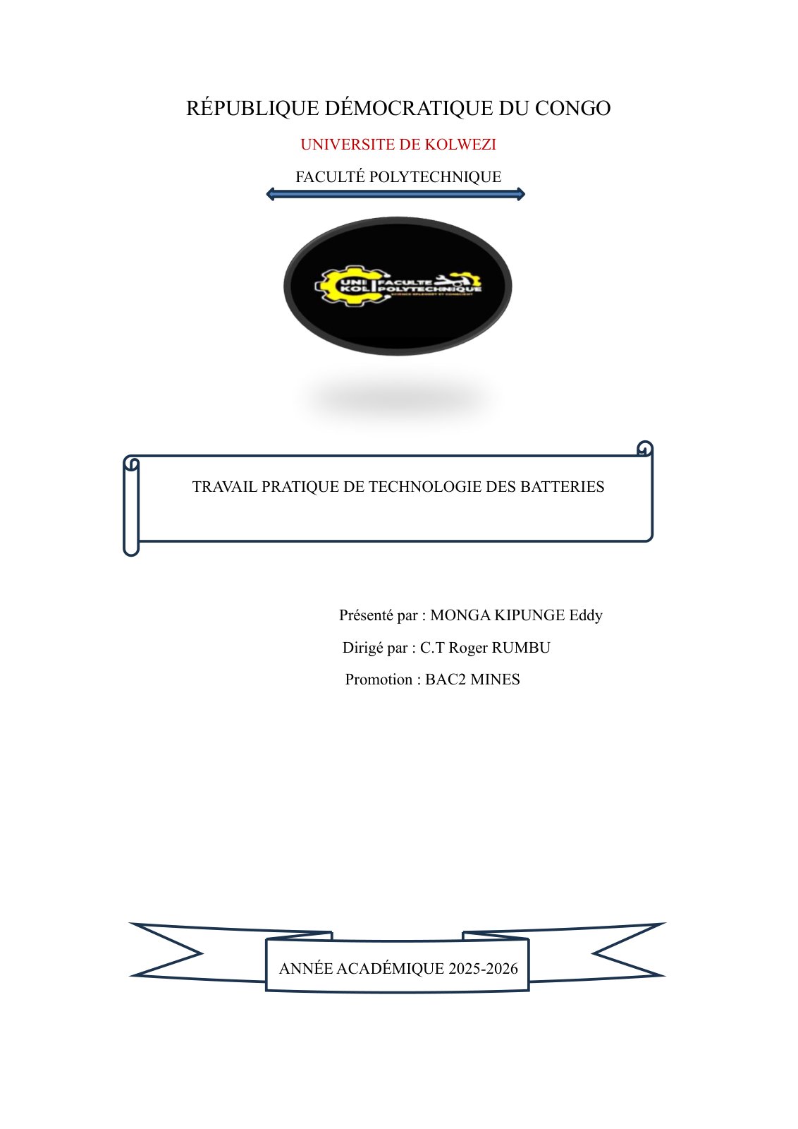 First page of TRA V AIL PRATIQUE DE TECHNOLOGIE DES BATTERIES