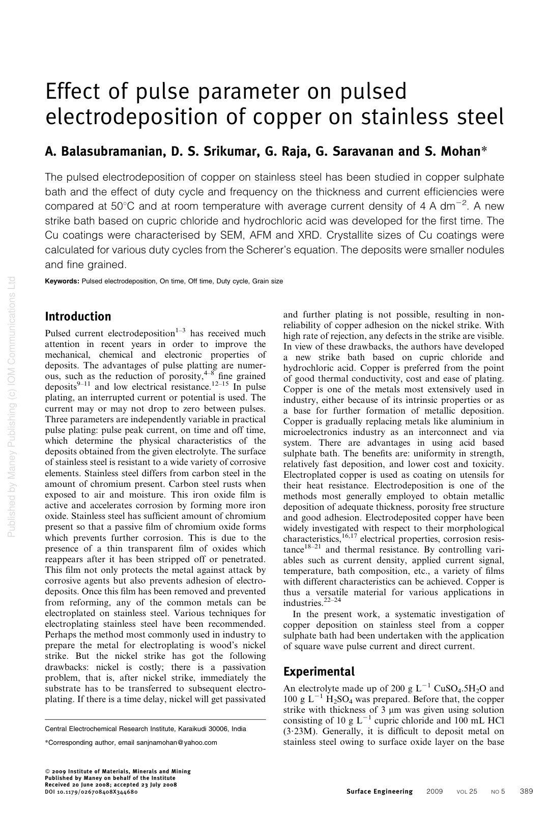 First page of Effect of pulse parameter on pulsed electrodeposition of copper on stainless steel