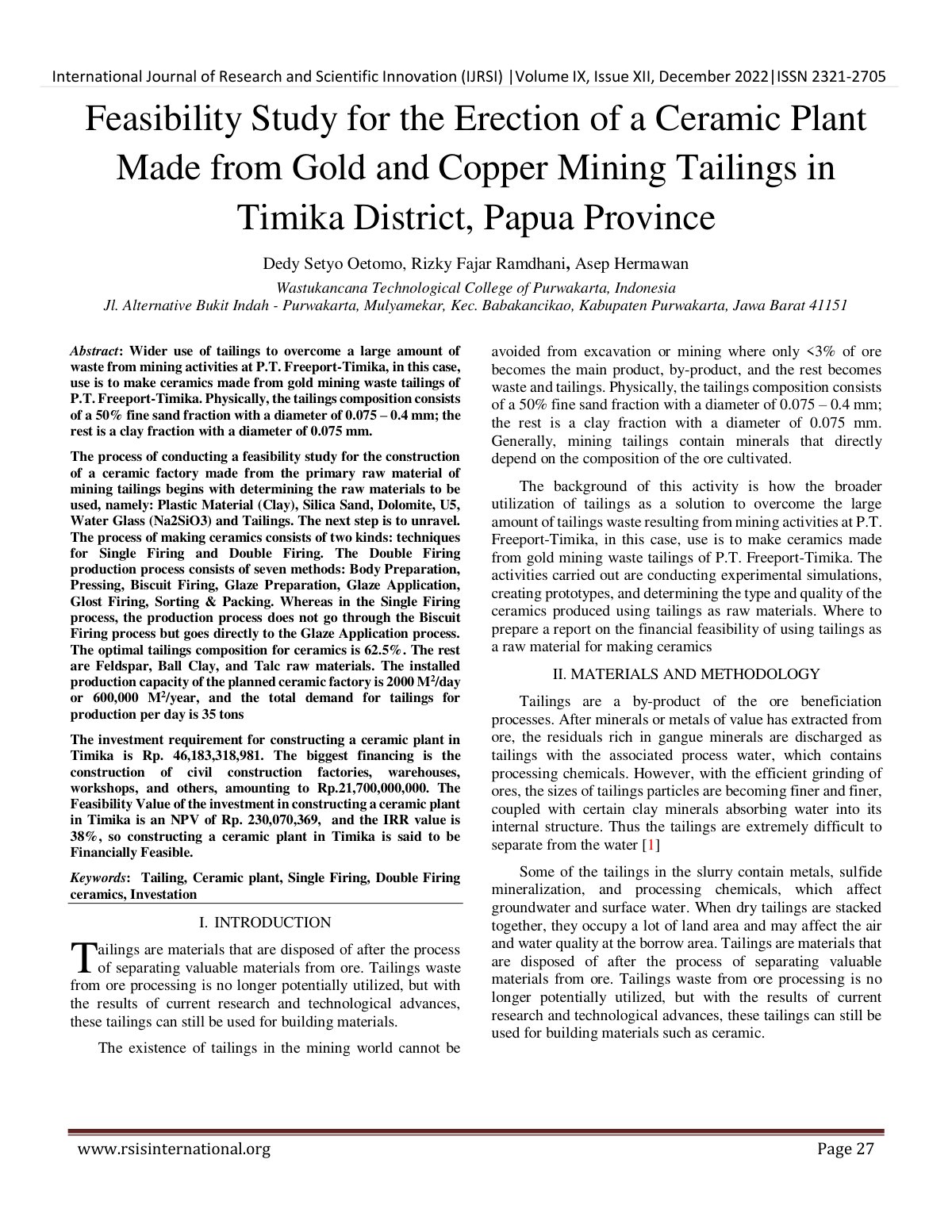 First page of Feasibility Study for the Erection of a Ceramic Plant Made from Gold and Copper Mining Tailings in Timika District, Papua Province