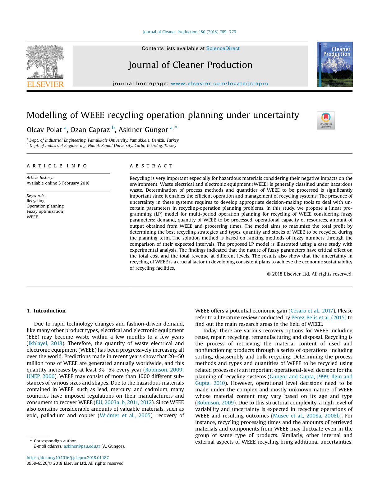 First page of Modelling of WEEE recycling operation planning un 2018 Journal of Cleaner Pr