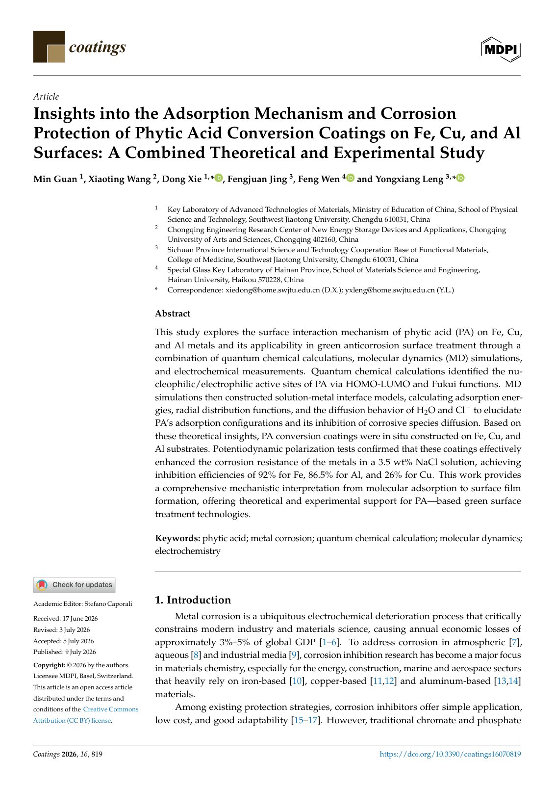 First page of Insights into the Adsorption Mechanism and Corrosion Protection of Phytic Acid Conversion Coatings on Fe, Cu, and Al Surfaces: A Combined Theoretical and Experimental Study