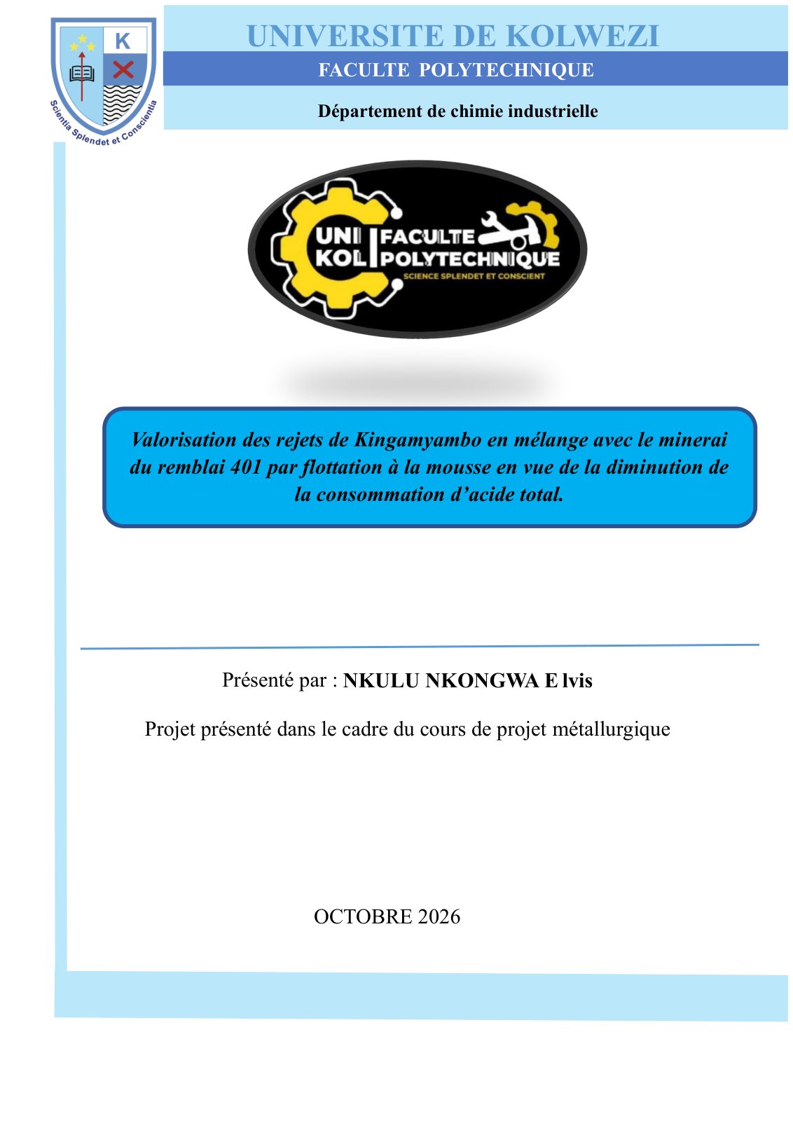 First page of TFC NKULU NKONGWA ELVIS BAC 3 CHIMIE INDUSTRIELLE  CORRIGE