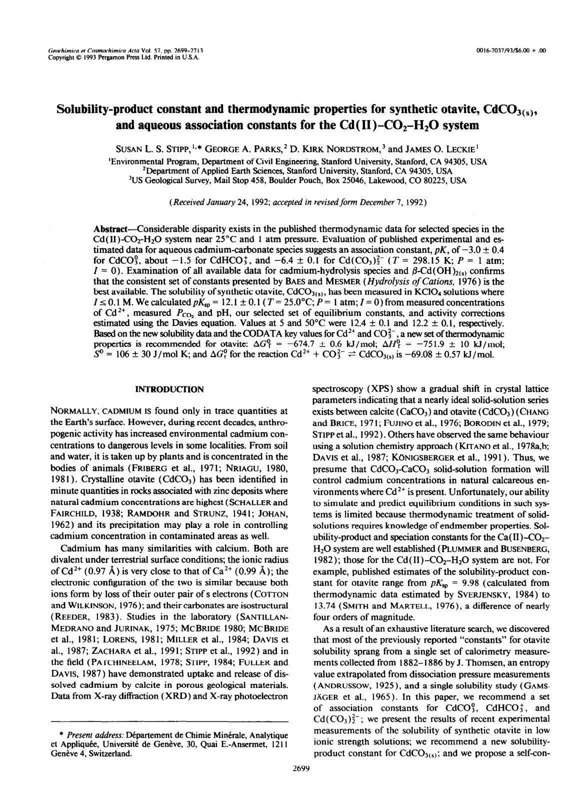 First page of Solubility-product constant and thermodynamic properties for synthetic otavite, CdC03(,), and aqueous association constants for the Cd( II)-C02-Hz0 system