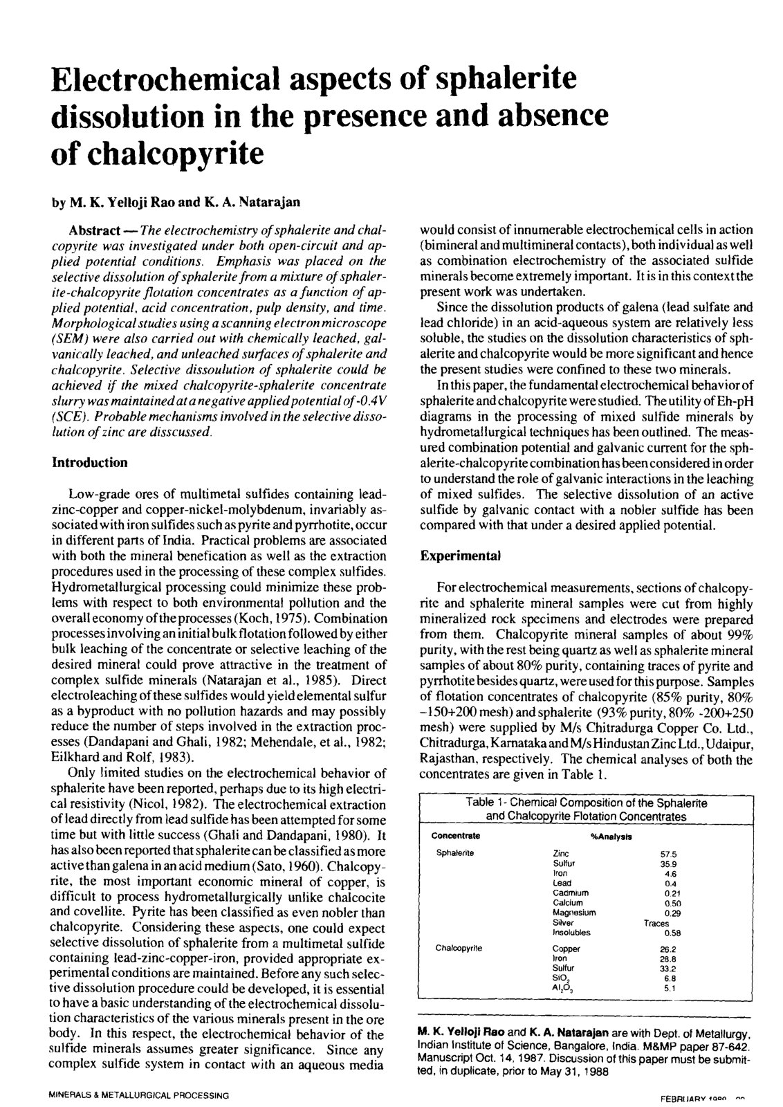 First page of Electrochemical aspects of sphalerite dissolution in the presence and absence of chalcopyrite