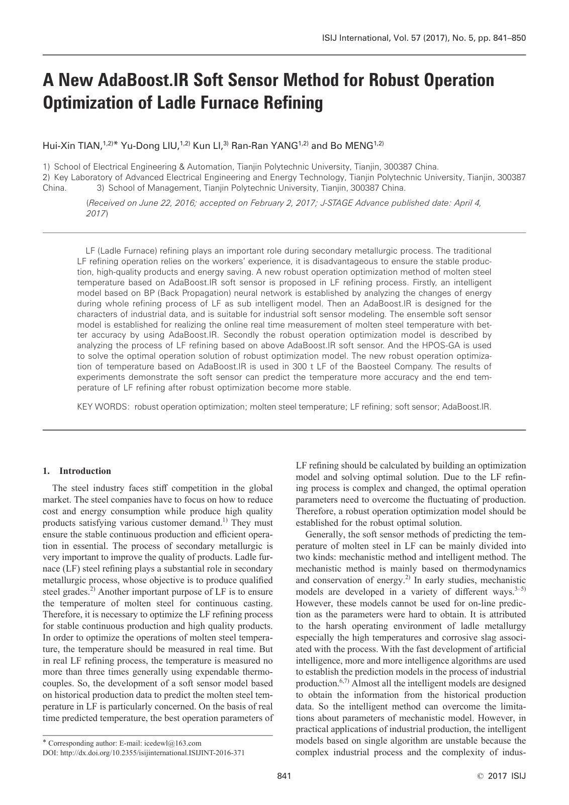 First page of 2017 Hui Xin Tian A New AdaBoost.IR Soft Sensor Method for Robust Operation Optimization of Ladle Furnace Refining isijinternational.isijint 2016 371