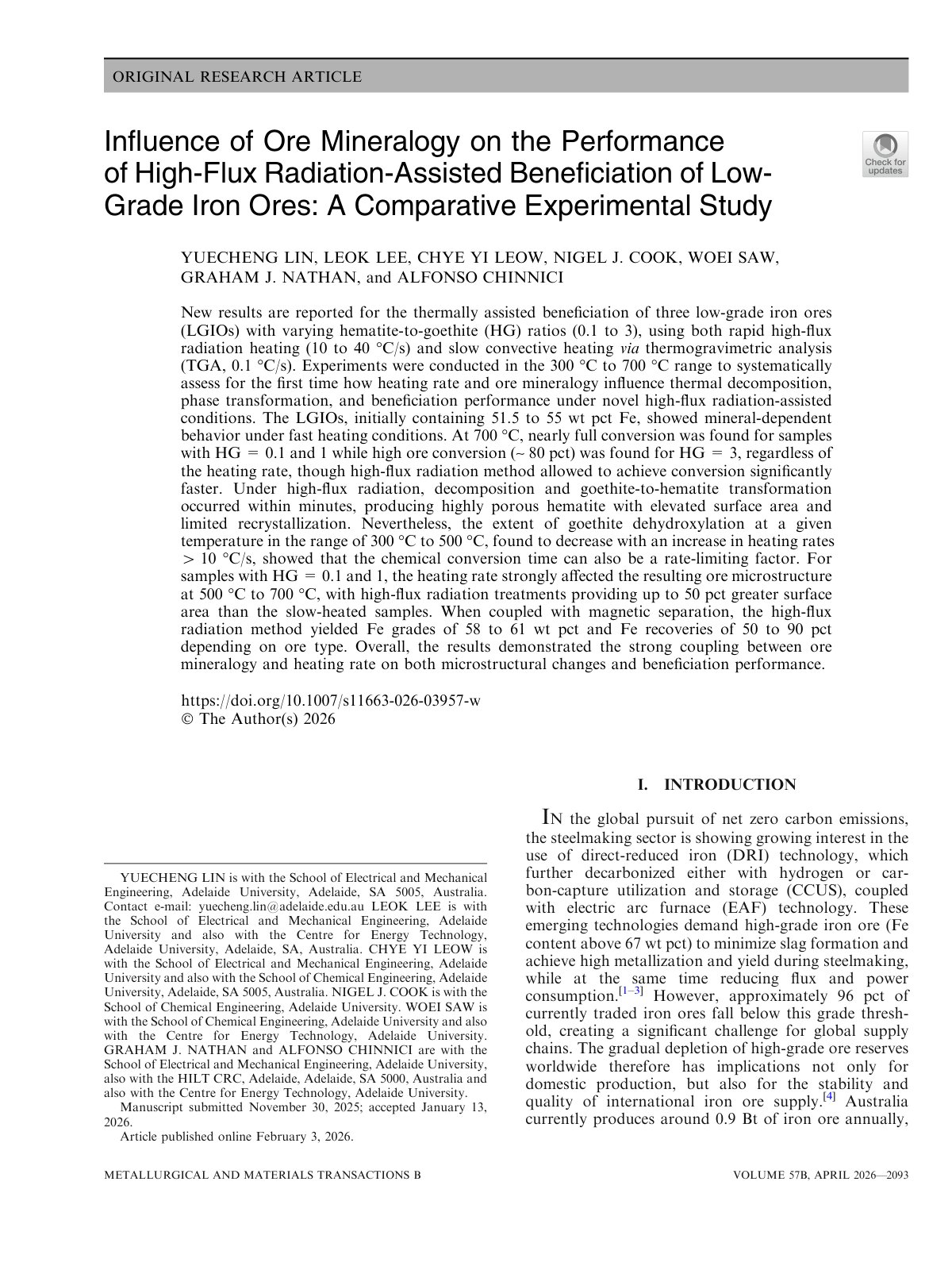 First page of Influence of Ore Mineralogy on the Performance of High-Flux Radiation-Assisted Beneficiation of Low-Grade Iron Ores: A Comparative Experimental Study