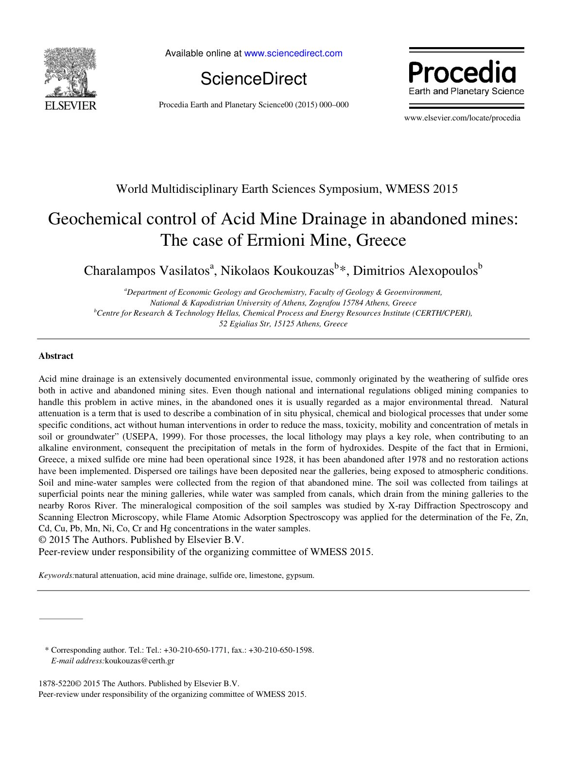 First page of Geochemical control of Acid Mine Drainage in abandoned mines: The case of Ermioni Mine, Greece