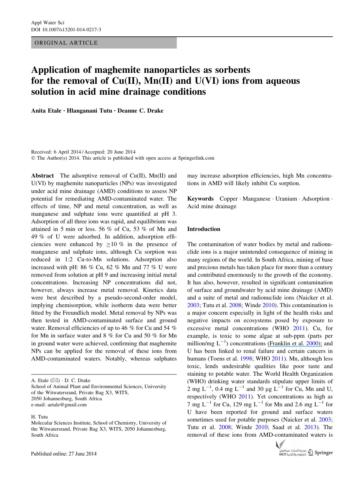 First page of Application of maghemite nanoparticles as sorbents for the removal of Cu(II), Mn(II) and U(VI) ions from aqueous solution in acid mine drainage conditions
