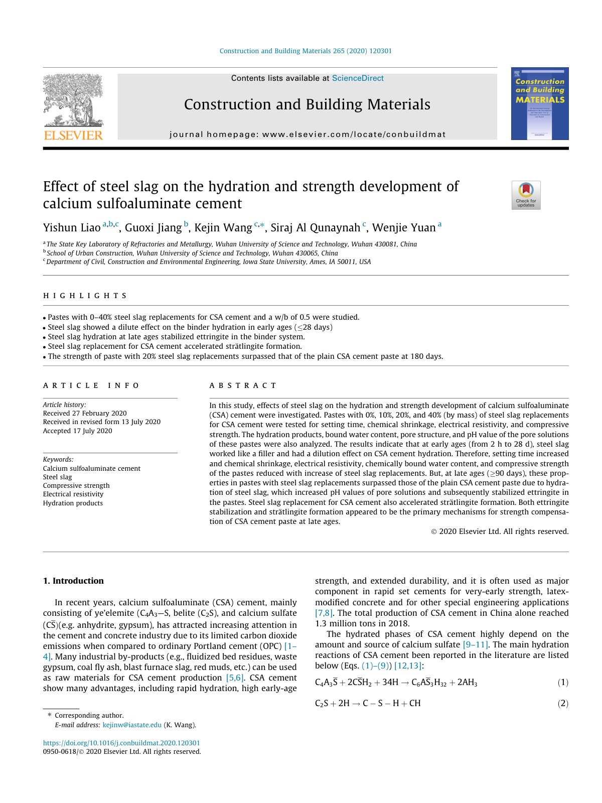 First page of Effect of steel slag on the hydration and strength development of calcium sulfoaluminate cement