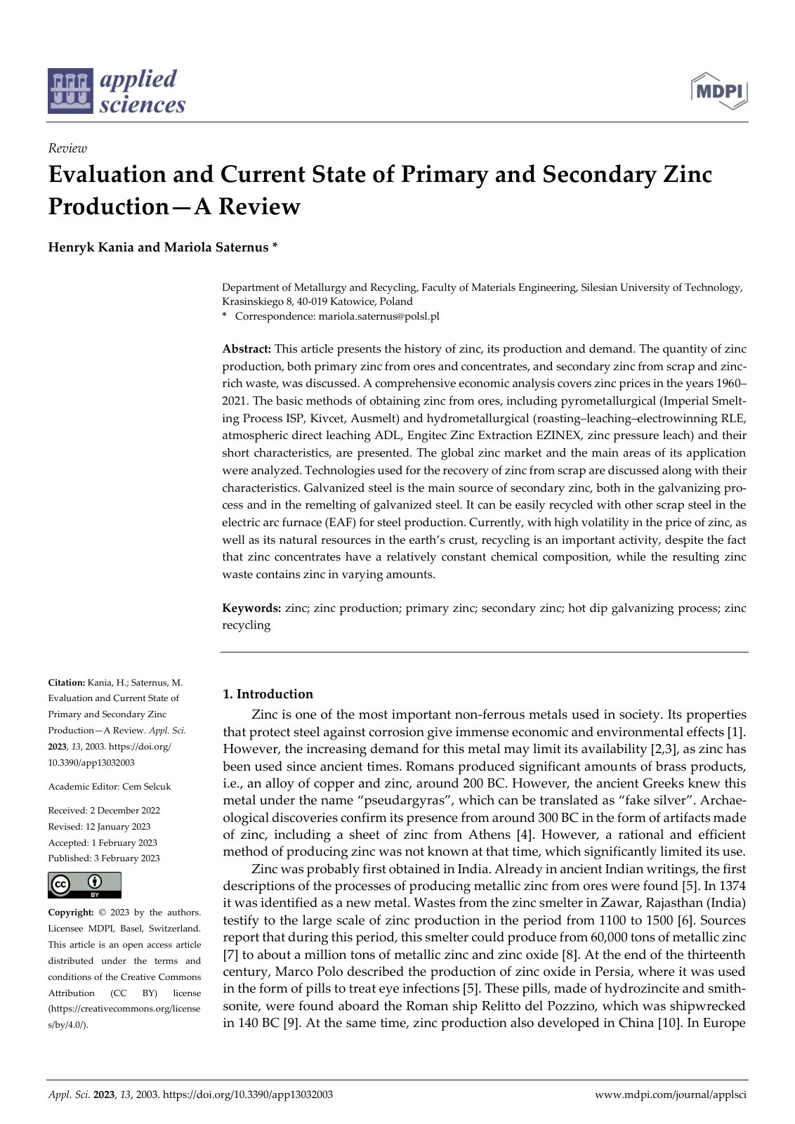 First page of Appl. Sci. 2023, 13, 2003. https://doi.org/10.3390/app13032003