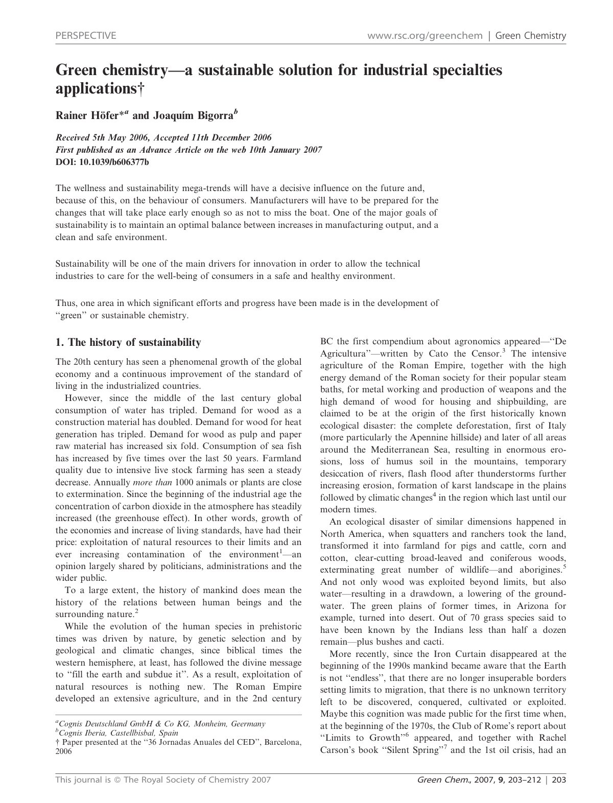 First page of Green chemistry—a sustainable solution for industrial specialties applications