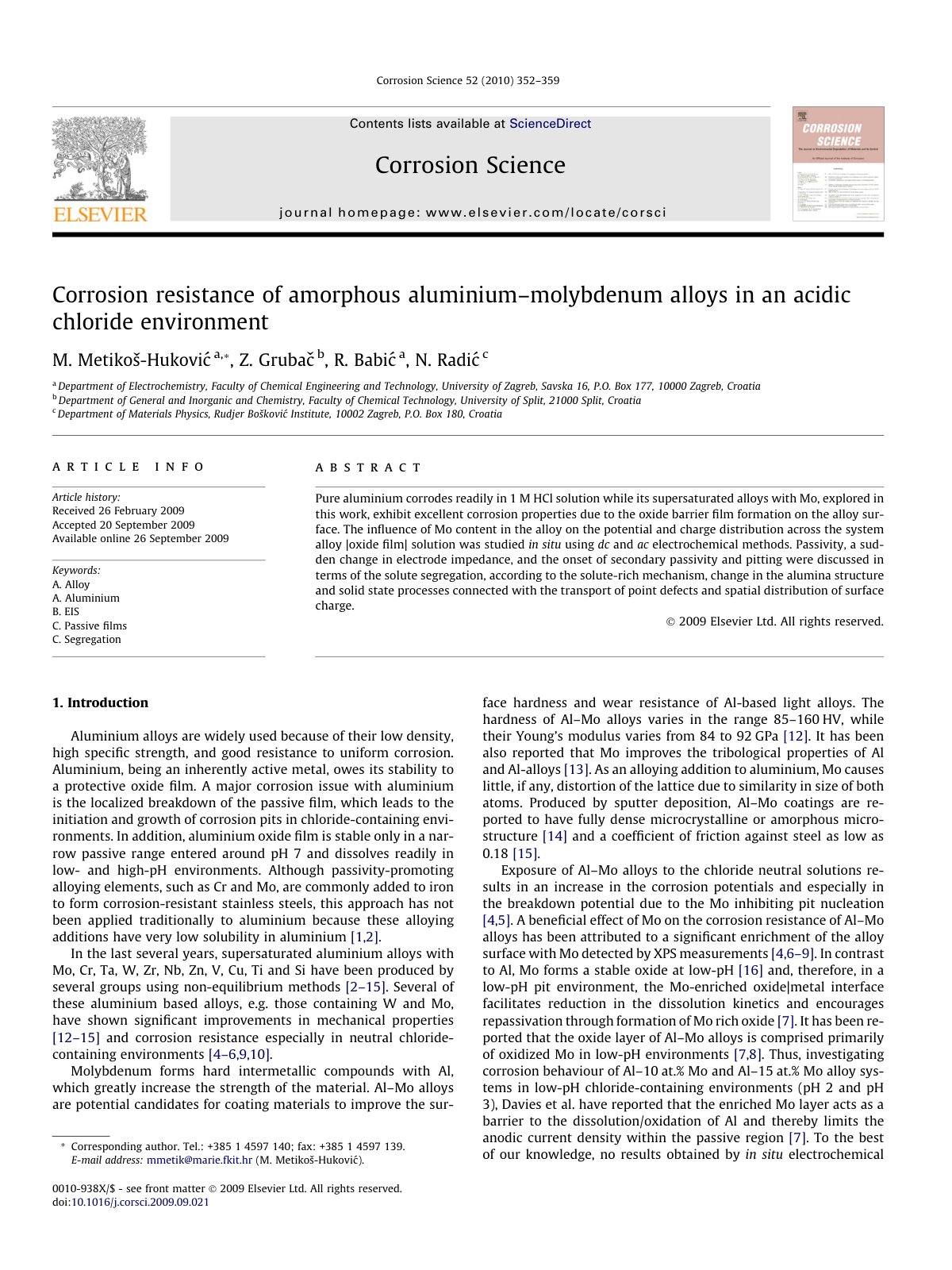 First page of Corrosion resistance of amorphous aluminium–molybdenum alloys in an acidic chloride environment