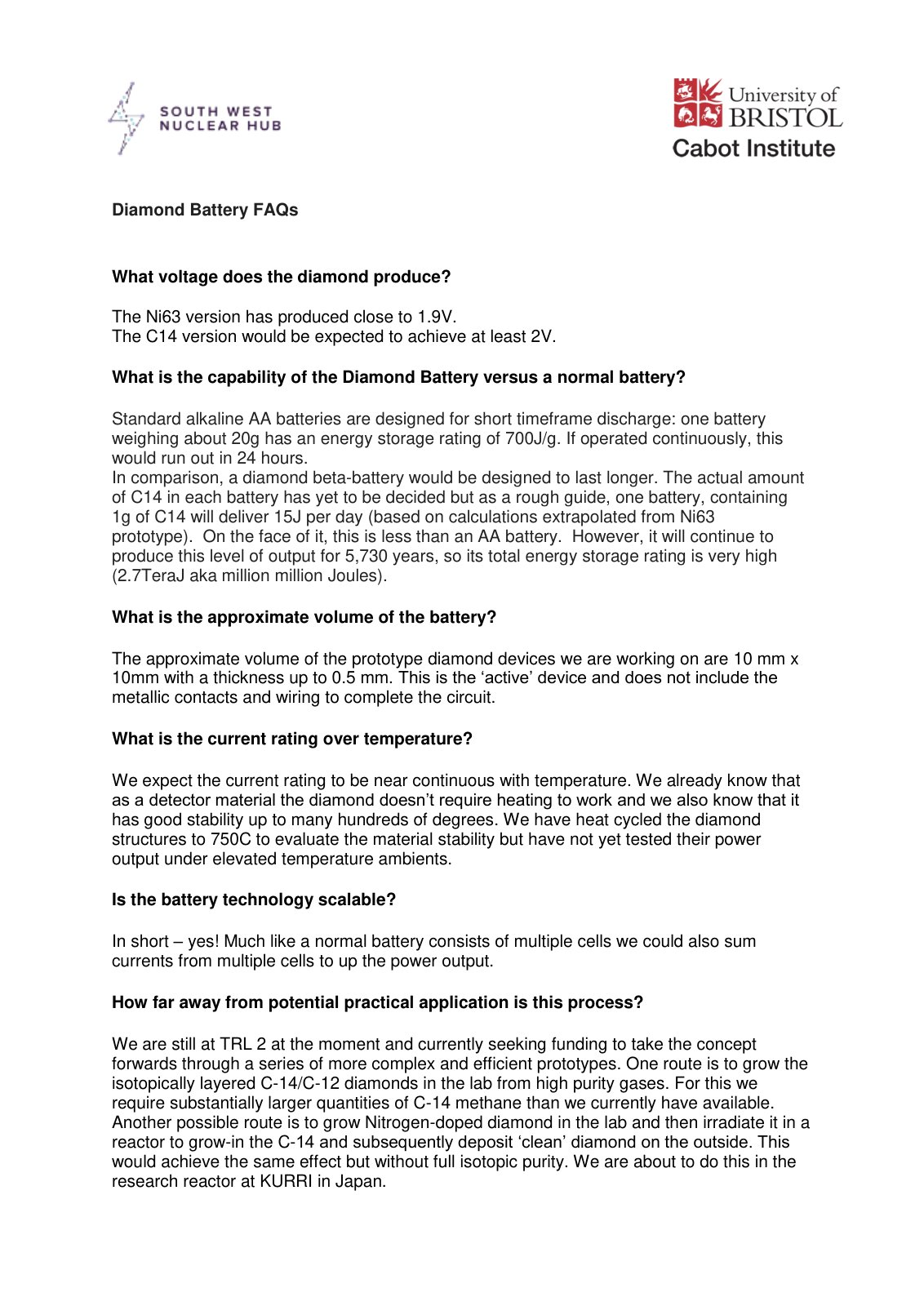 First page of Diamond battery FAQs Nov 2016