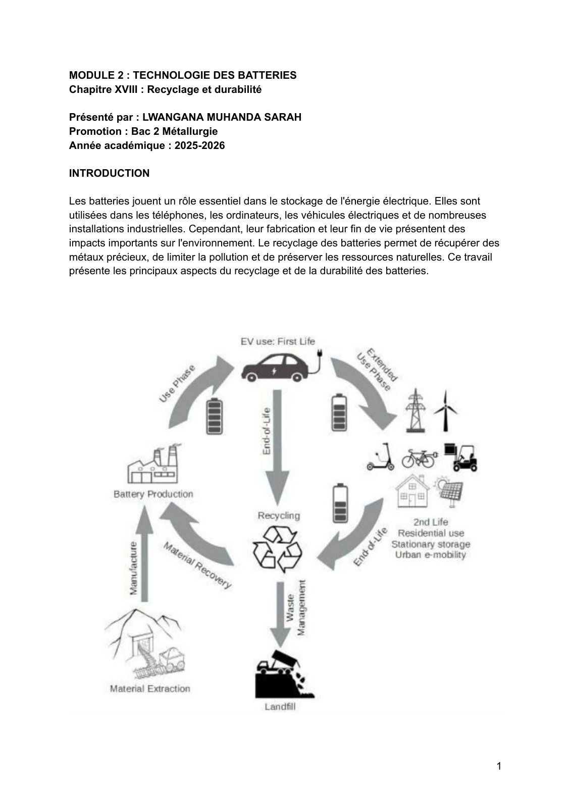 First page of TP DE TECHNOLOGIE DES BATTERIES ,LWANGANA MUHANDA SARAH