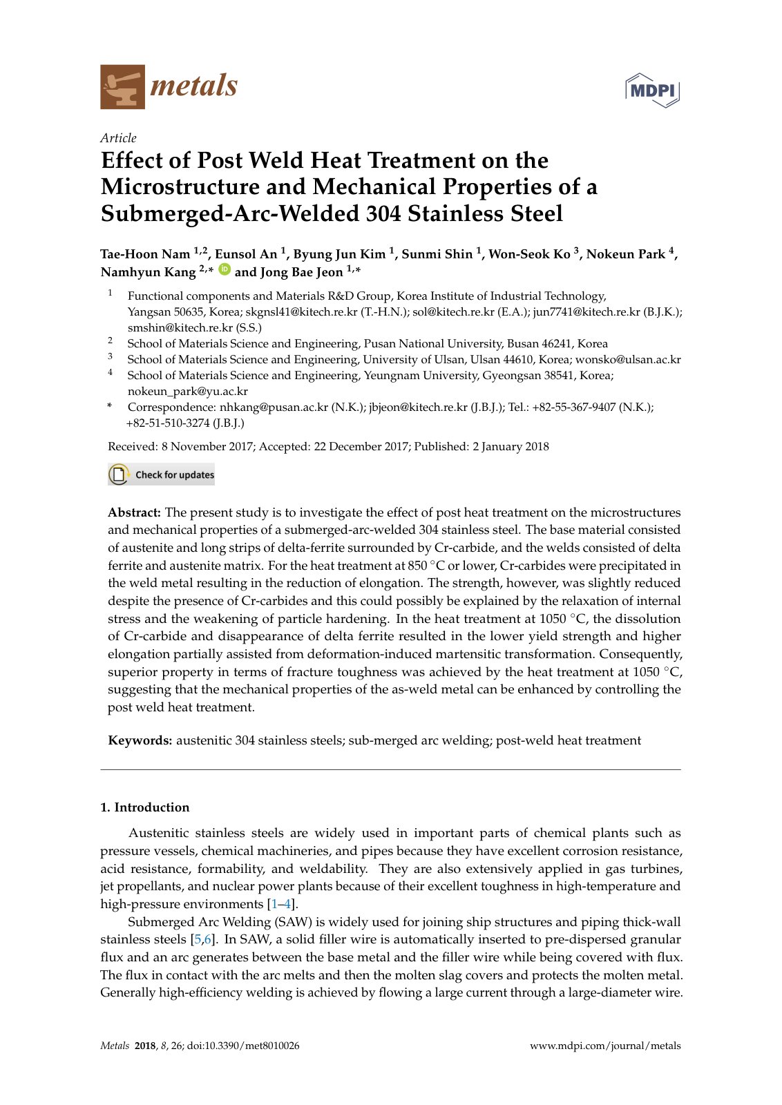 First page of Effect of Post Weld Heat Treatment on the Microstructure and Mechanical Properties of a Submerged-Arc-Welded 304 Stainless Steel