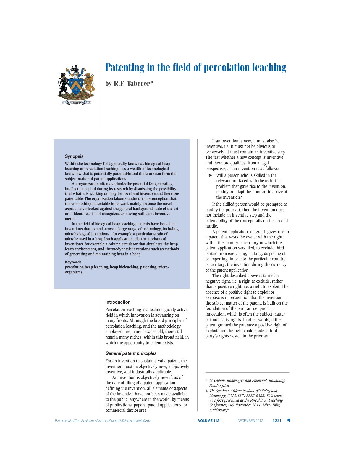 First page of Patenting in the field of percolation leaching