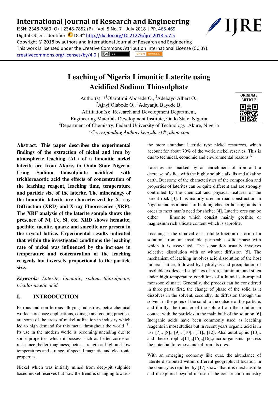 First page of Leaching of Nigeria Limonitic Laterite using Acidified Sodium Thiosulphate
