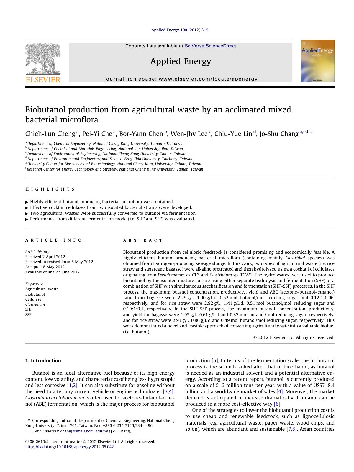 First page of Biobutanol production from agricultural waste by an acclimated mixed bacterial microﬂora