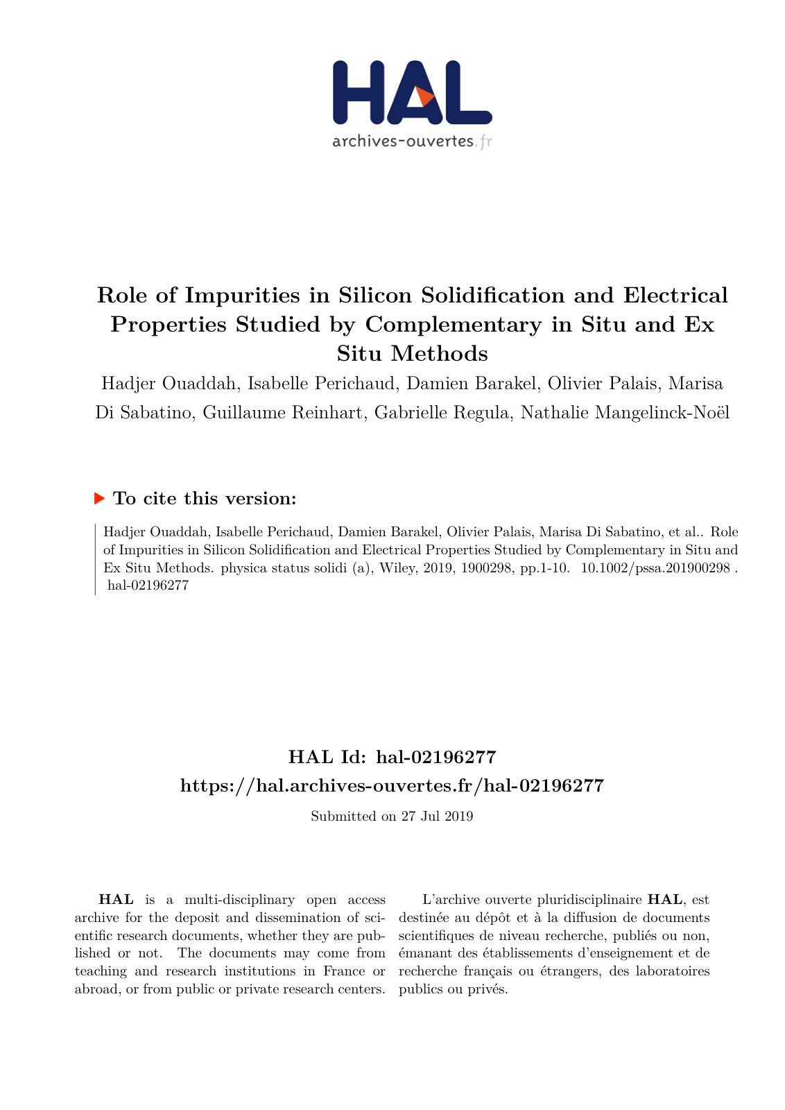 First page of Role of Impurities in Silicon Solidifica