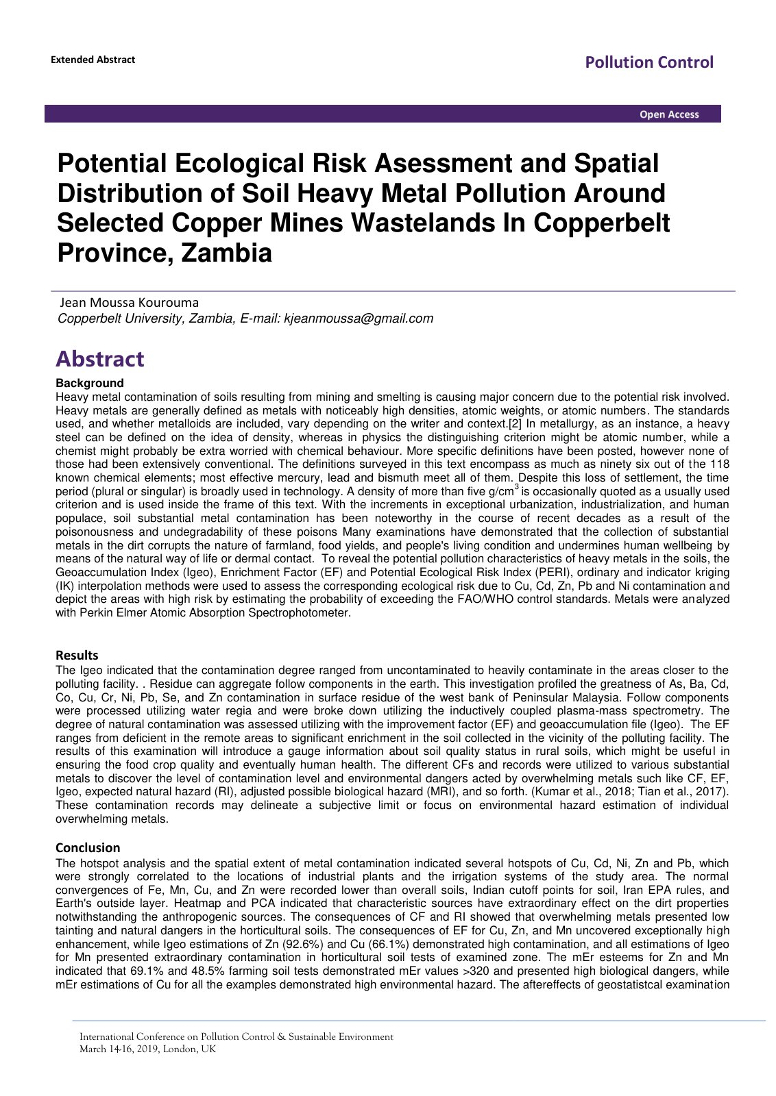 First page of Potential Ecological Risk Asessment and Spatial Distribution of Soil Heavy Metal Pollution Around Selected Copper Mines Wastelands In Copperbelt Province, Zambia