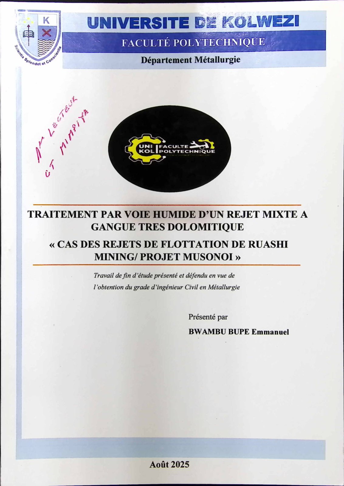 First page of TRAITEMENT PAR VOIE HUMIDE D’UN REJET MIXTE A GANGUE TRES DOLOMITIQUE « CAS DES REJETS DE FLOTTATION DE RUASHI MINING/ PROJET MUSONOI »