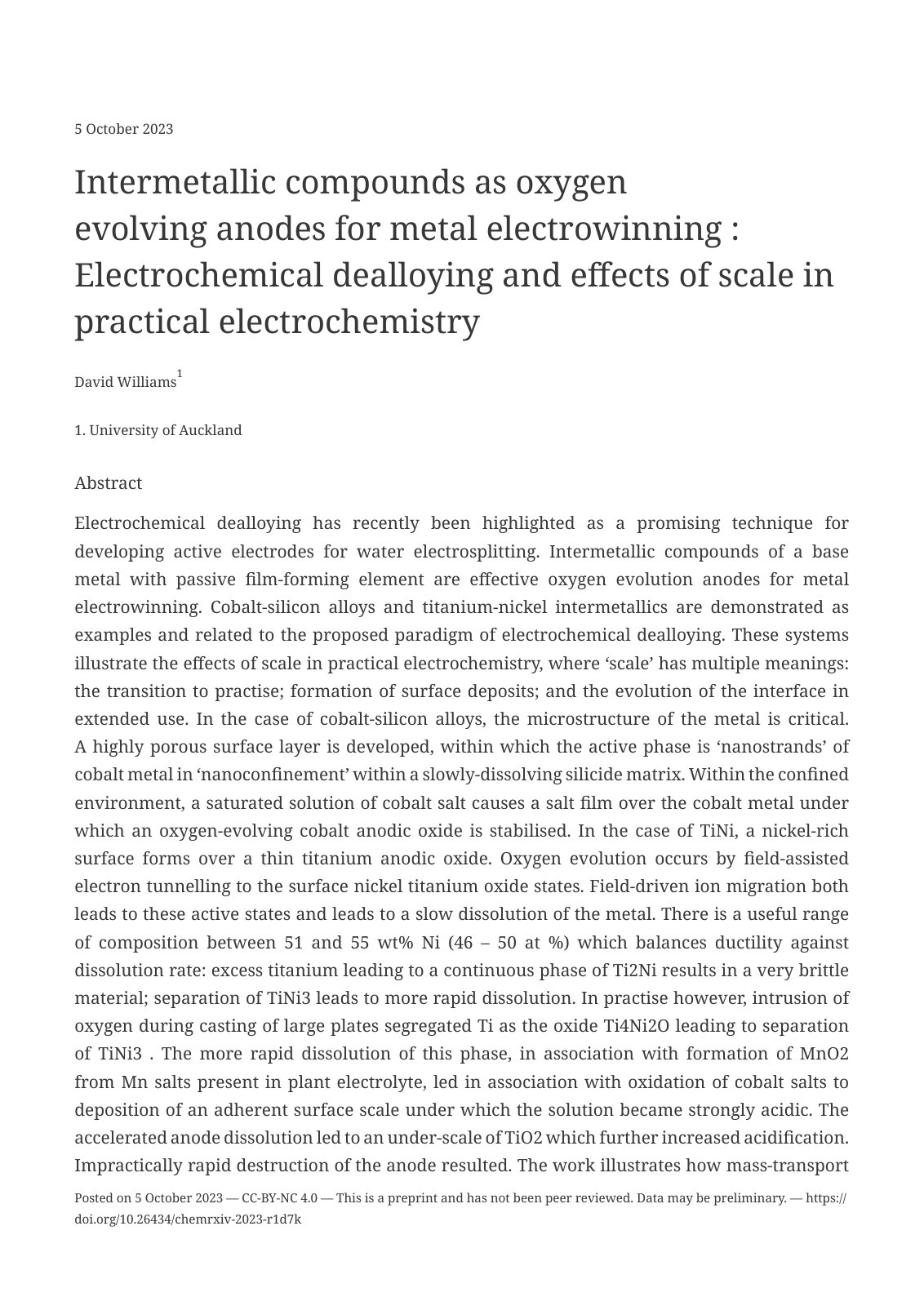 First page of Intermetallic compounds as oxygen evolving anodes for metal electrowinning : Electrochemical dealloying and eﬀects of scale in practical electrochemistry