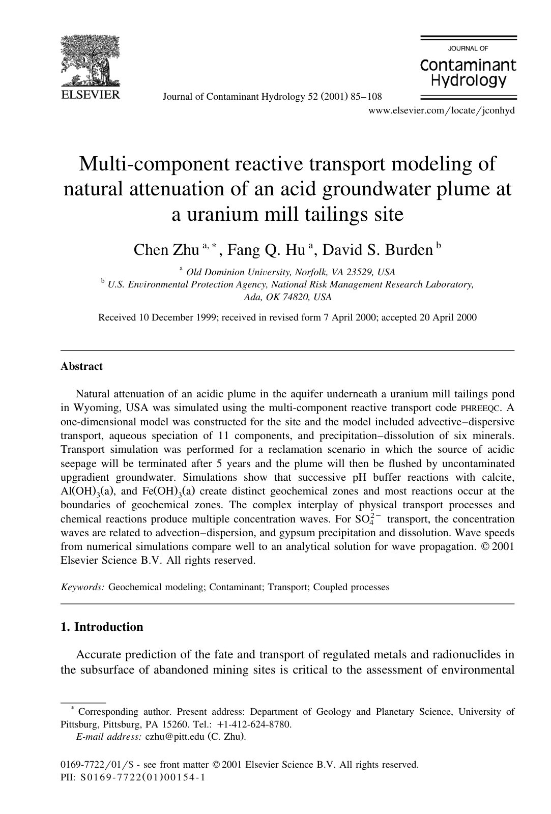 First page of Multi-component reactive transport modeling of natural attenuation of an acid groundwater plume at a uranium mill tailings site