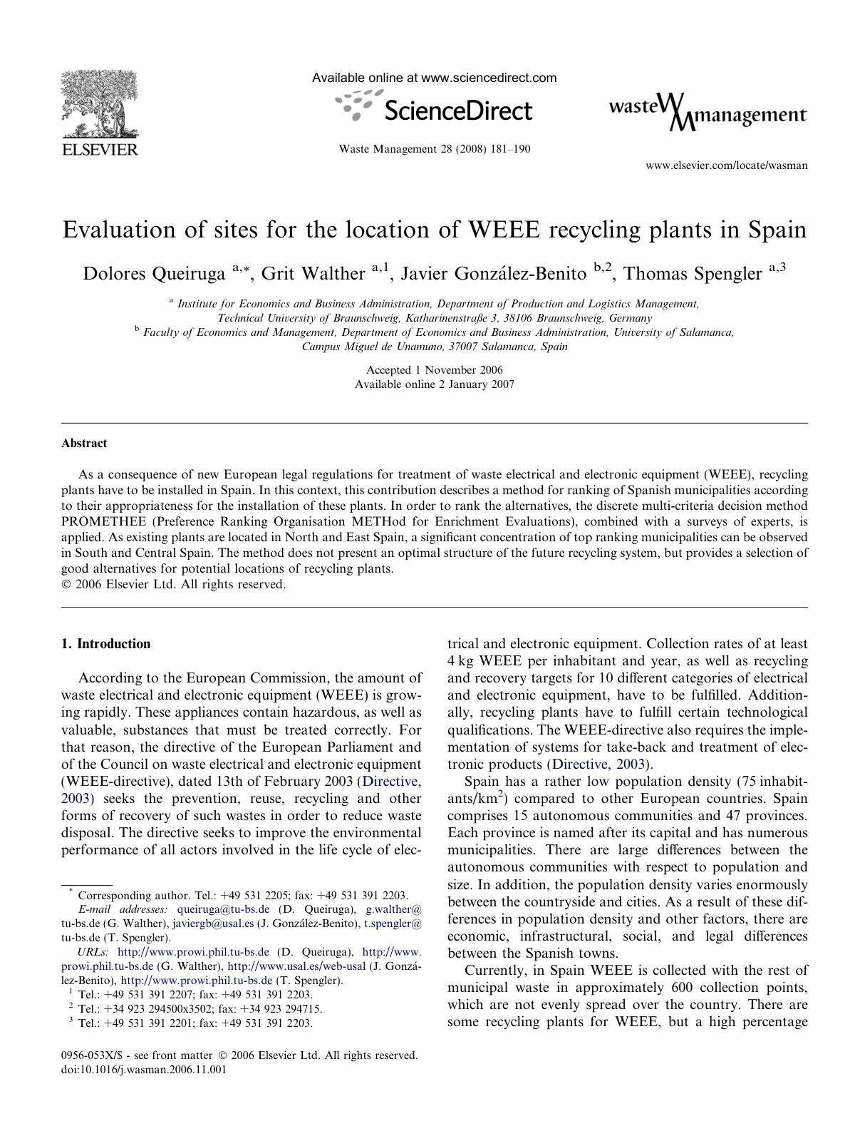 First page of Evaluation of sites for the location of WEEE recycling pl 2008 Waste Managem