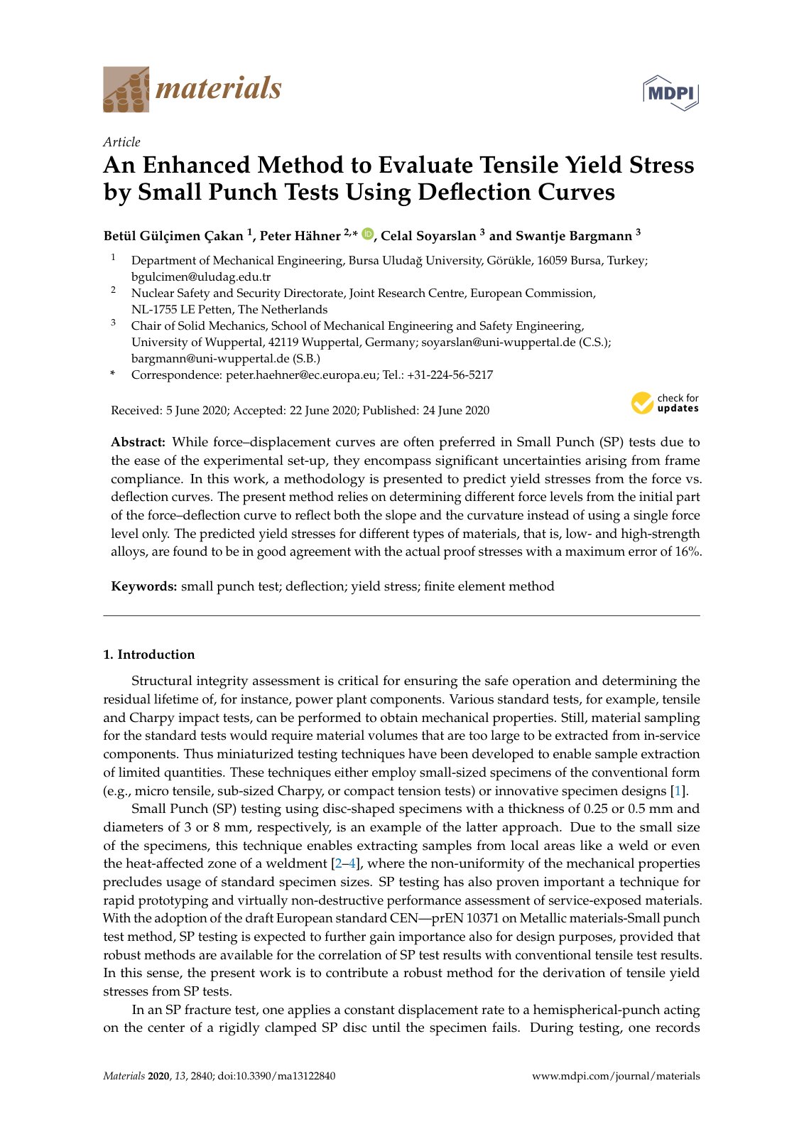 First page of An Enhanced Method to Evaluate Tensile Yield Stress by Small Punch Tests Using Deflection Curves