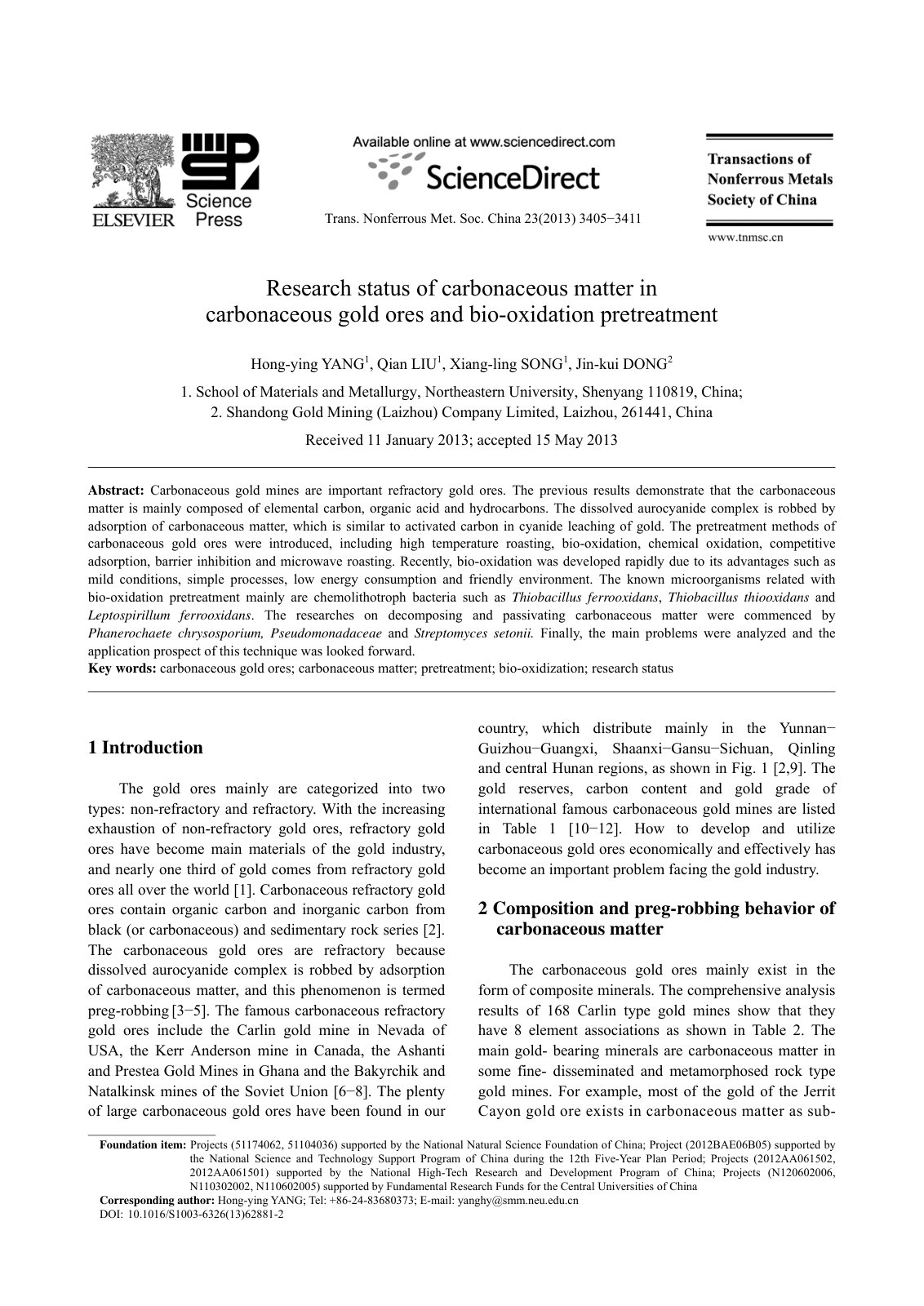 First page of Research status of carbonaceous matter in carbonaceous gold ore and bio oxideation pretreatment