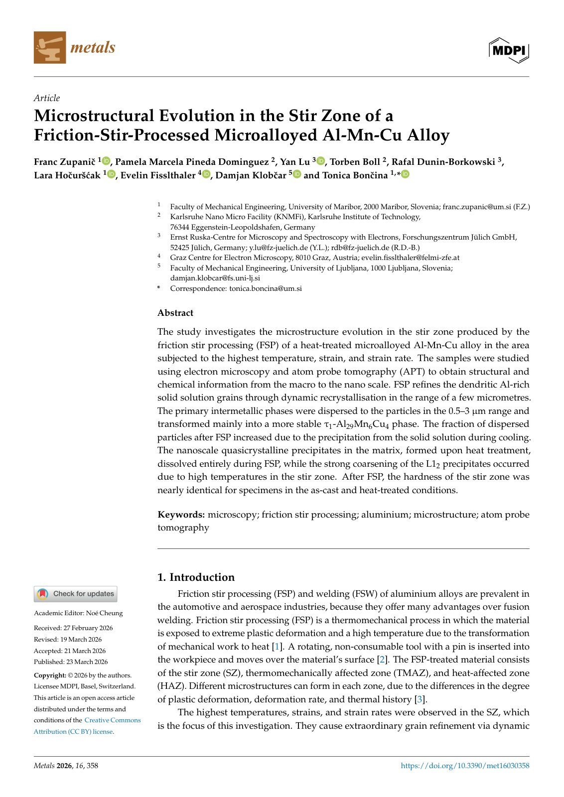 First page of Microstructural Evolution in the Stir Zone of a Friction-Stir-Processed Microalloyed Al-Mn-Cu Alloy