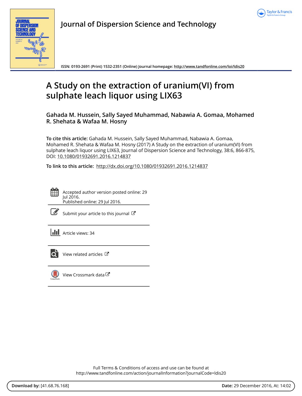 First page of A Study on the extraction of uranium VI