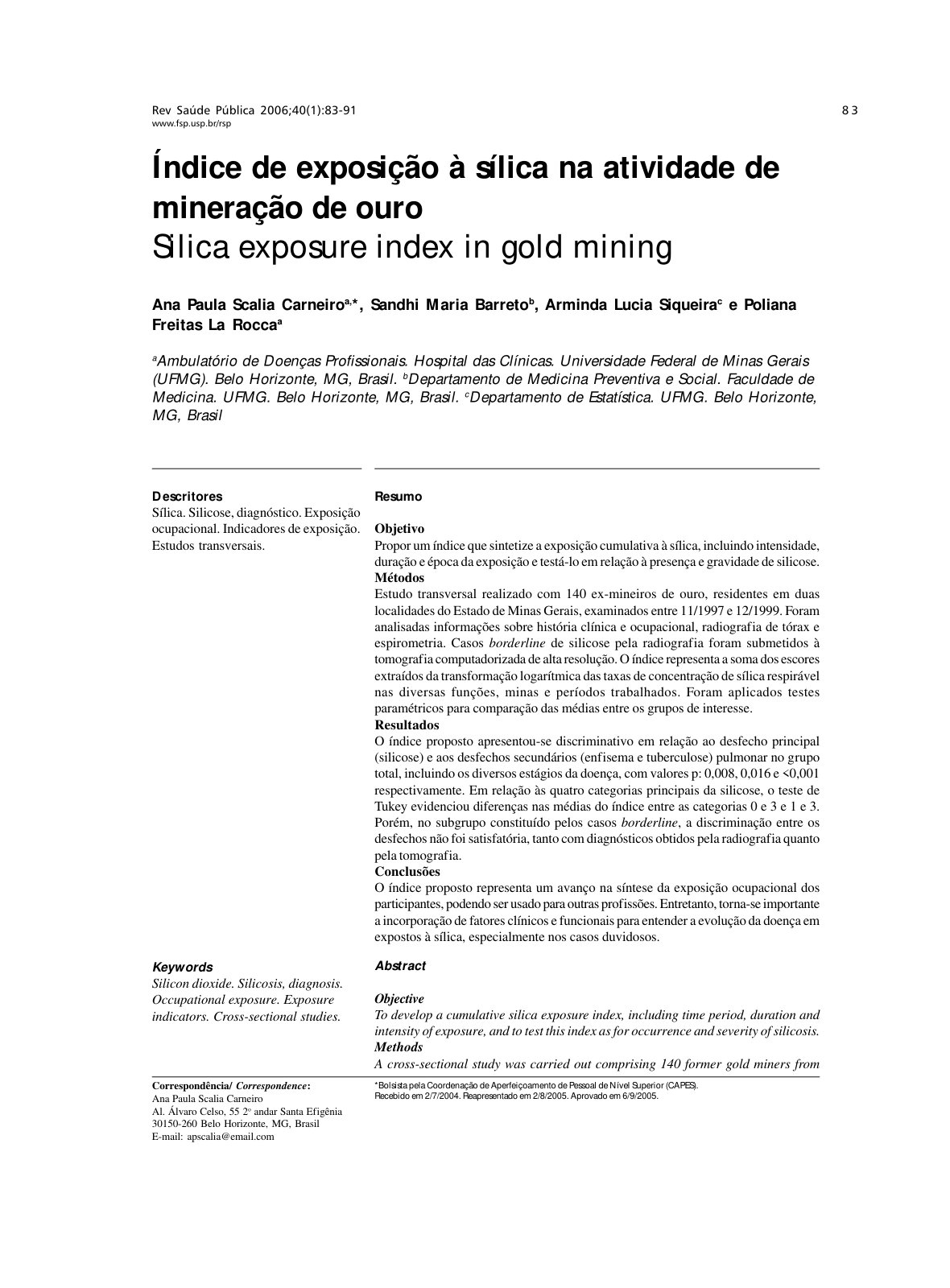 First page of Indice De Exposicao A Silica Na Atividad